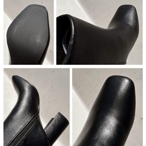 NEW Black Faux Leather Sleek Slim Square Toe Block Heel Ankle Boots Bootie Shoes - Picture 9 of 13